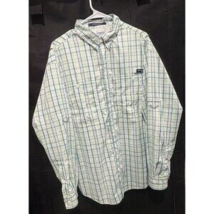 Columbia PFG Performance Fishing Shirt Large Blue Green Plaid Tamiami Vent Mens